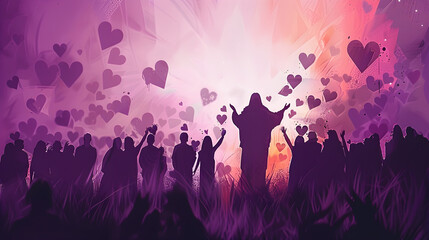 Vibrant illustration of Jesus and followers in heart-filled background. Ideal for religious events, love-themed campaigns, and inspirational content. Copy space included.
