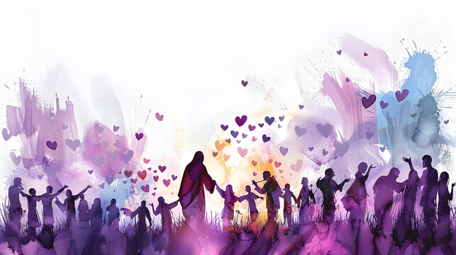Vibrant watercolor illustration of diverse people holding hands, celebrating love and unity, with heart motifs and ample copy space. Perfect for community events and social campaigns.