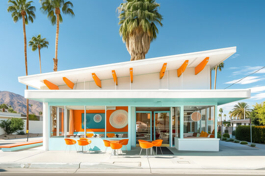 70’s vibe Cafe exterior and interior on the side of the road in California.