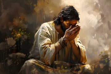 Fototapeta premium Digital illustration showing a man praying with emotion, perfect for religious content and spiritual themes. Beautiful use of light and earthy colors.