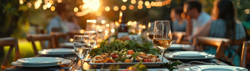 Naklejka premium Outdoor Garden Party with Friends at Sunset, Elegant Table Setting with Food and Wine, Festive Atmosphere