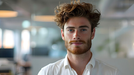 Obraz premium Confident young man with tousled hair and beard in a modern office, perfect for business, startup, and professional branding with ample copy space.