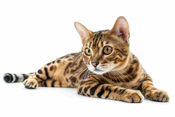 Obraz premium Bengal cat relaxing on white background in modern style pet photography concept for animal lovers and home decor ideas