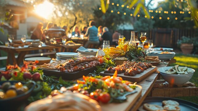 Outdoor Garden Party with Delicious Food Spread and Guests Enjoying a Sunny Evening