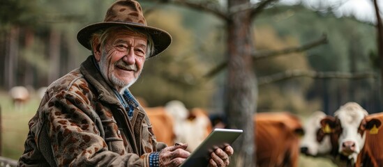 Fototapeta premium Elderly Farmer Using Tablet in Pasture with Cows, Embracing Modern Technology in Rural Farming
