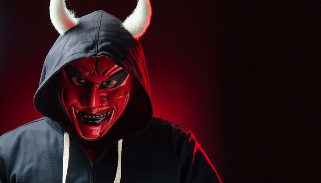 A man wearing a Japanese devil mask or an evil red mask with a grey hoodie smiling insidiously with a glowing red background