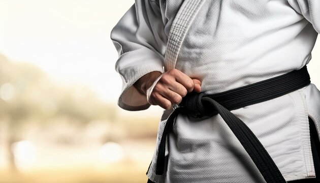 A closeup to a middle age man striking a pose wearing a white Karate Gi and a black belt - Powered by Adobe
