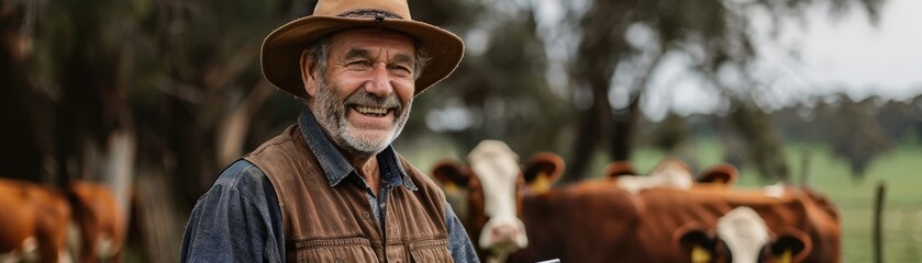 Happy Elderly Farmer in Hat and Vest Smiling in Front of Cows on a Farm with Trees in the Background