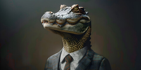 Alligator in a business suit, perfect for ads, corporate satire, or creative campaigns. Add a unique touch with this quirky, professional reptile portrait. Copy space available.