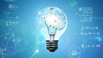 A light bulb with a bright light, containing a transparent image of the Earth inside, shines on a blue background with mathematical formulas. - Powered by Adobe