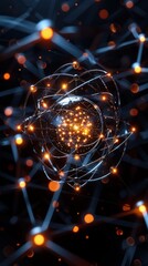 Abstract representation of a glowing atom with interconnected particles, visualizing atomic structure and energy dynamics in a dark background.