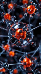 Close-up view of abstract molecular structure with glowing red and transparent spheres on dark background, representing scientific concepts.