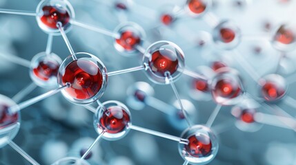 Close-up view of interconnected molecules forming a complex molecular structure, representing chemistry, science, and technology.