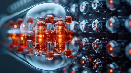 Close-up view of futuristic glowing technology components with red lights in dark setting, showcasing advanced tech and innovation.