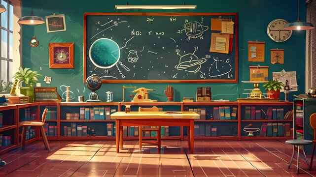 Empty school, fun elementary school children. with learning materials about outer space. 4K virtual video motion.