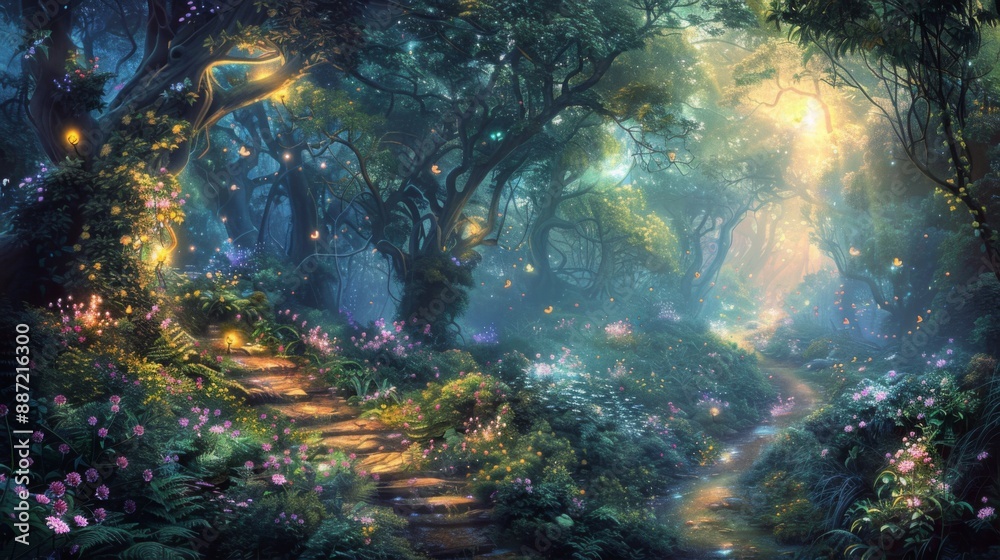 Poster a stone path winds through a magical forest, illuminated by glowing lights and surrounded by lush gr