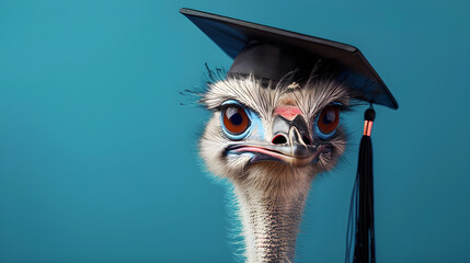 Ostrich wearing graduation cap against blue background, perfect for education, achievement themes, and humorous marketing content. Ample copy space.