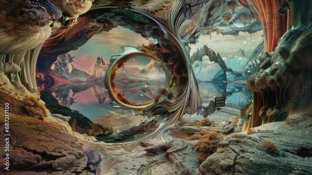 Poster A surreal landscape with a large ring in the foreground and mountains and a body of water in the background. The scene is filled with abstract textures and colors.