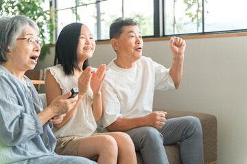 家のリビングでソファでテレビを見ながら盛り上がる祖父母と孫の女の子
