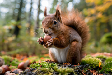 Obraz premium Squirrel holding a hazelnut in a green forest, standing on its hind legs and curling its brown bushy tail over its back. On the ground there are leaves, moss, and nuts.