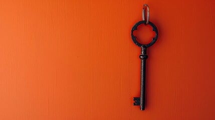 Key hanging on orange wall with empty space