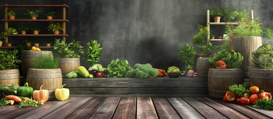 still life with vegetables and fruits, Garden Fresh Platform A garden-themed display platform surrounded by fresh vegetables and herbs, ideal for promoting organic and natural products. 