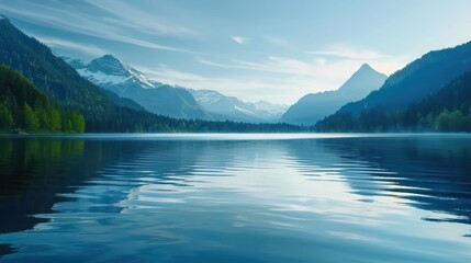 Fototapeta premium Serene Mountain Lake at Dawn with Reflective Water and Majestic Snow-Capped Peaks in the Background