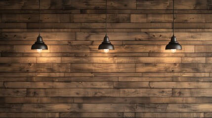 Obraz premium Modern Industrial Pendant Lights Against Rustic Wooden Wall Background in Cozy Interior Setting