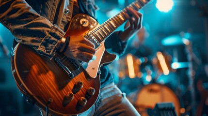 Obraz premium A guitarist plays a powerful solo on stage, bathed in blue light, with a blurred drum set in the background