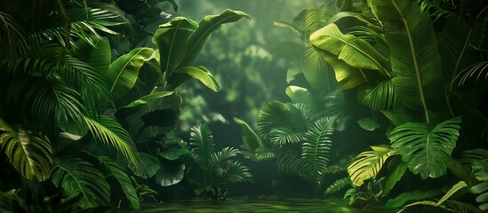 Leaf-Covered Stage in a Jungle A stage covered with large, lush leaves set within a dense jungle, providing an exotic and vibrant backdrop for products. 