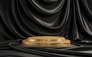 Golden Luxury Display: A golden podium with a backdrop of rich black silk, enhanced with subtle 3D effects, perfect for highlighting luxury products.