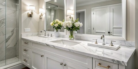 Elegant white bathroom interior features undermount washbasin and sleek faucet atop white marble counter, exuding modern luxury and minimalism in serene washroom ambiance.