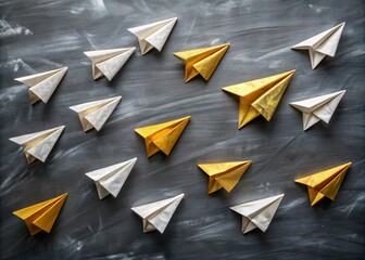 A vibrant gold paper plane stands out among a swarm of white planes on a worn chalkboard, symbolizing creative thinking and academic achievement.