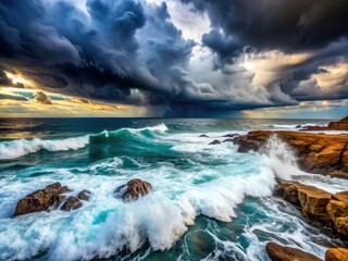 Fototapeta premium Powerful stormy sea with dark ominous clouds overhead, turbulent waves crashing against the rocky shore, capturing the unpredictable and dramatic nature of the ocean.