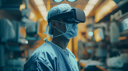 Obraz premium A man in a white lab coat wearing a mask and a hat is looking at a computer screen