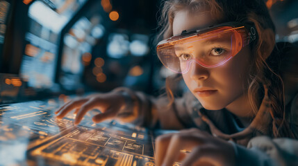 A girl wearing virtual reality goggles is looking at a computer screen. Concept of wonder and excitement as the girl explores the digital world
