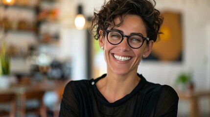 Confident and successful businesswoman, laughs while wearing eyeglasses. Woman celebrating her accomplishments as an entrepreneur and web designer, creating a thriving work environment for herself.