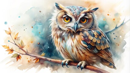 Majestic watercolor owl with expressive eyes and soft, blended tones perched on a branch against a pristine white background.