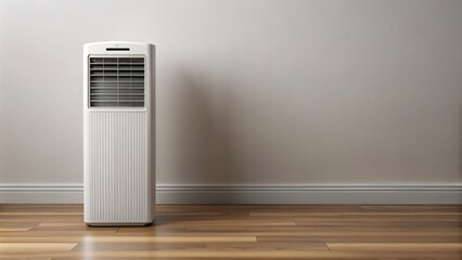Lonely white remote control pointing towards modern freestanding air conditioning unit standing on polished wood floor against white wall.