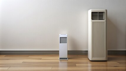 Lonely white remote control pointing towards modern freestanding air conditioning unit standing on polished wood floor against white wall.