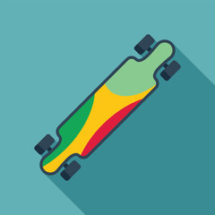 Colorful longboard skateboard is standing on a blue background