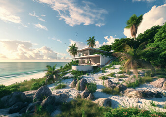 Naklejka premium Stunning modern villa located by the seaside on a tropical island
