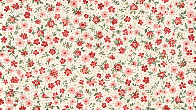 Delicate small pink and red ditsy flowers on white seamless background forming elegant retro floral pattern for fashion prints.