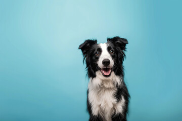 Fototapeta premium portrait border collie sitting and looking, open mouth, away from camera on blue background AI Generate