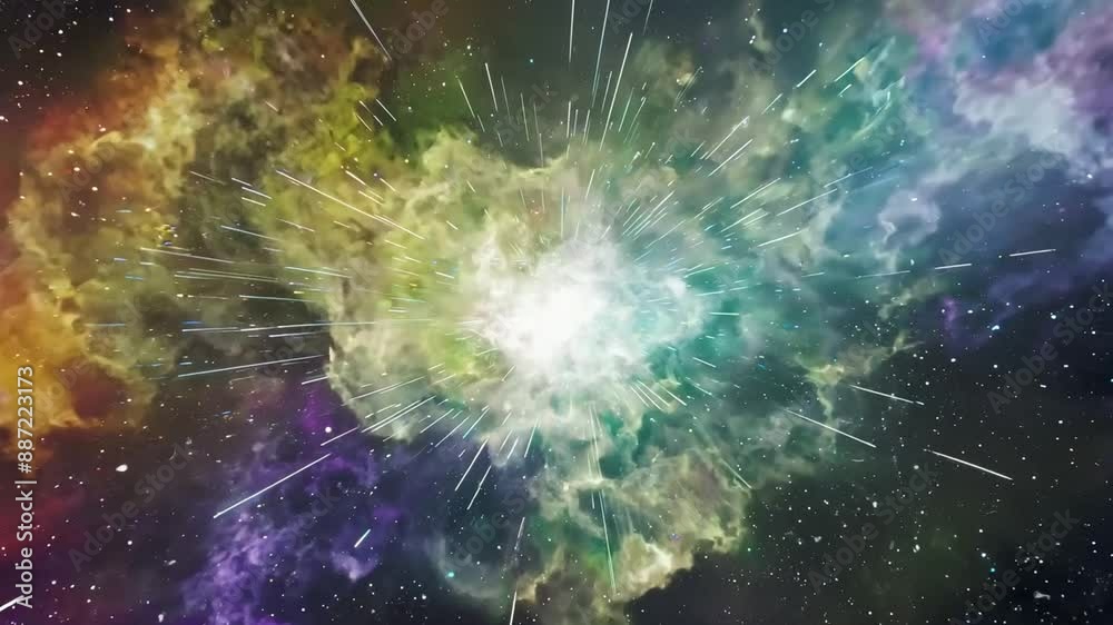 Poster a bright explosion of light and color bursts from the center of a colorful nebula, surrounded by a v