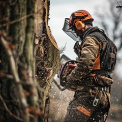 Naklejka premium A lumberjack with a chainsaw carefully fells a tree, sawdust flying in the air