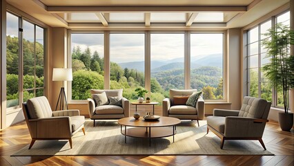 Fototapeta premium Cozy living room with armchairs, coffee table, and panoramic window , home, interior, living room, cozy