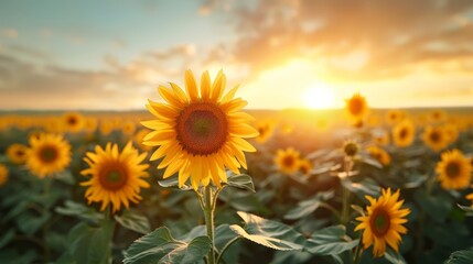 Fototapeta premium Sunflower Field at Sunset in Summer,beautiful sunflower field at sunset, capturing the warm glow of summer with vibrant yellow blooms under a serene sky.