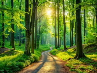 Fototapeta premium Serene morning scene of a winding path through a vibrant green forest, dappled sunlight casting shadows, inviting exploration and peaceful contemplation.