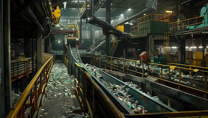 Naklejka premium Plastic bottle recycling conveyor belt in a factory.
